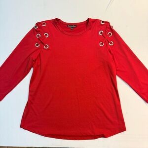 Alison‎ Andrews Red Top Large Grommet Lace-Up Shoulder Long Sleeve Blouse